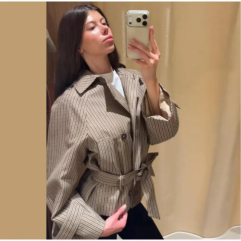 Women’s Plaid Cropped Jacket with Belt | FERANO MILANO