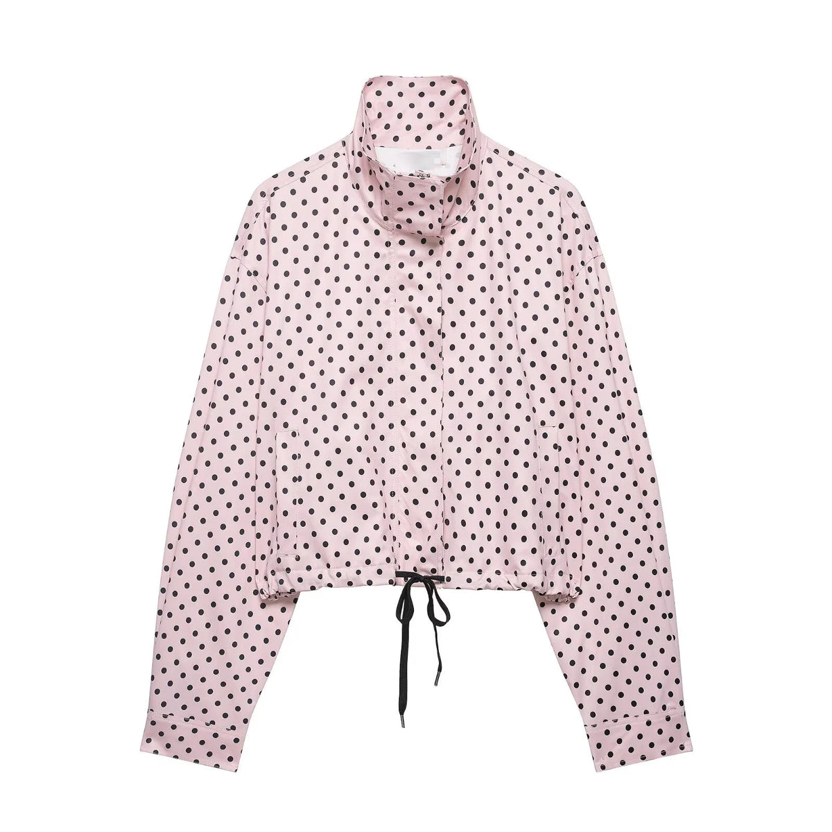 HH Fashion Women's Polka Dot Print Short Coats Autumn Long Sleeves Turtleneck Zipper With Pockets Drawstring Casual Jacket