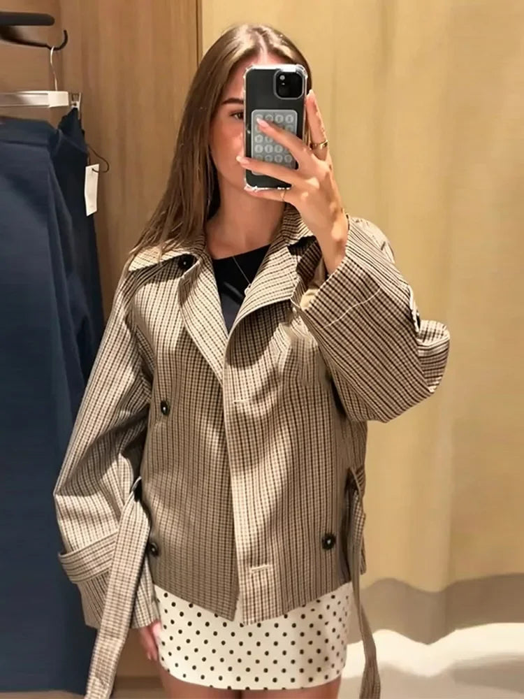 Belted Plaid Cropped Jacket