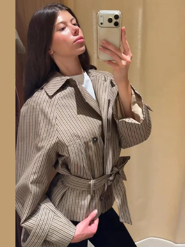Women’s Plaid Cropped Jacket with Belt | FERANO MILANO