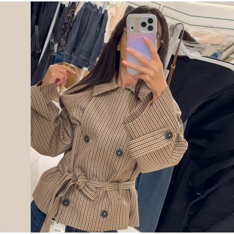 Women’s Plaid Cropped Jacket with Belt | FERANO MILANO